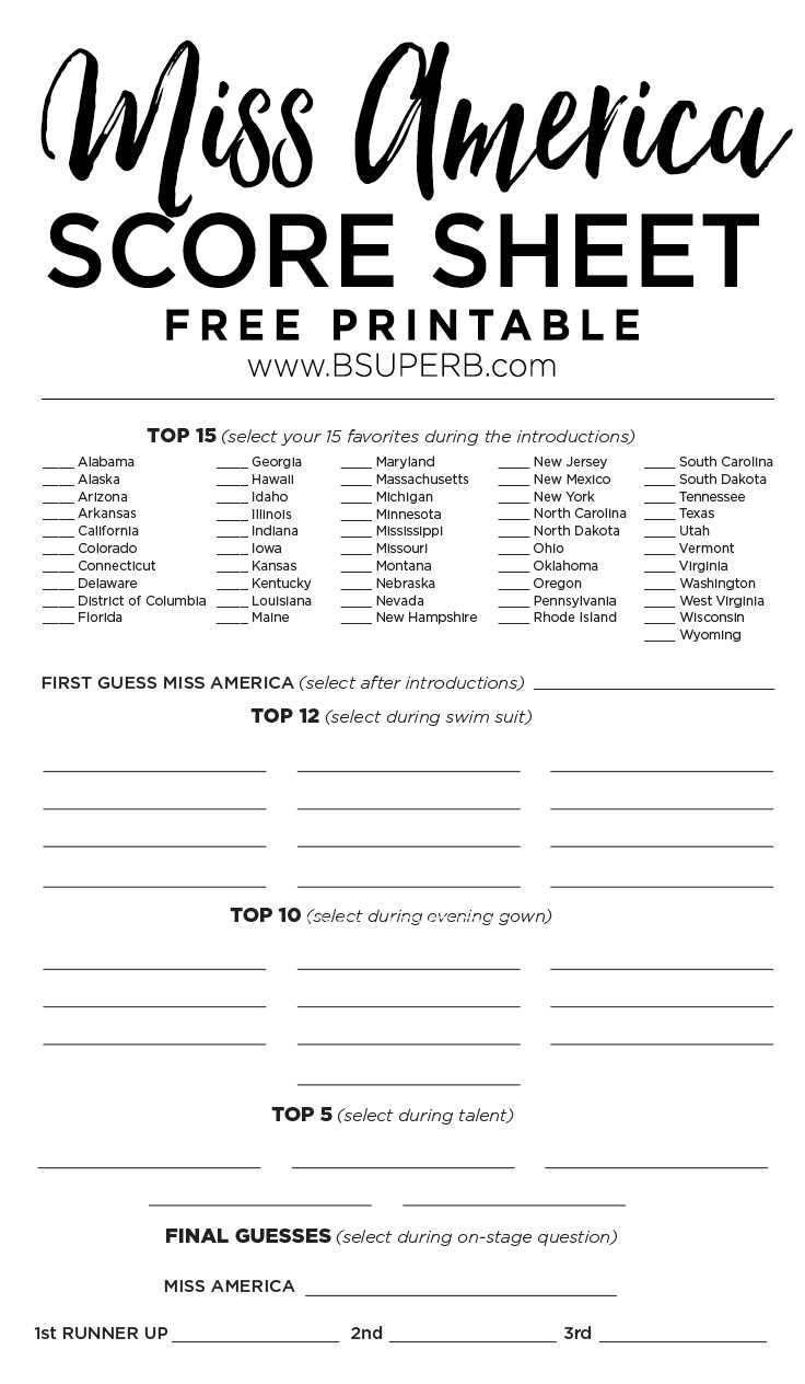 Miss America Score Sheet Free Printable B Superb